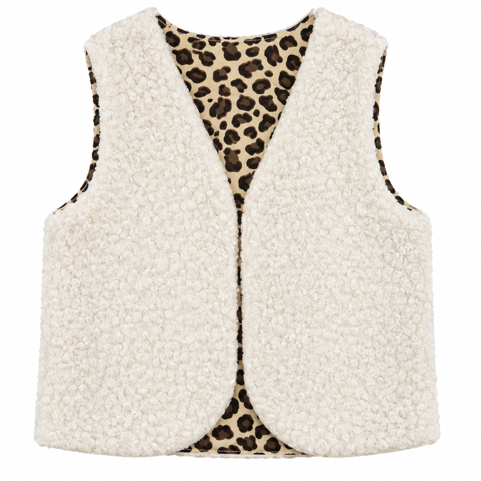 Gilet réversible enfant léopard et sherpa écru (coupe arrondie)