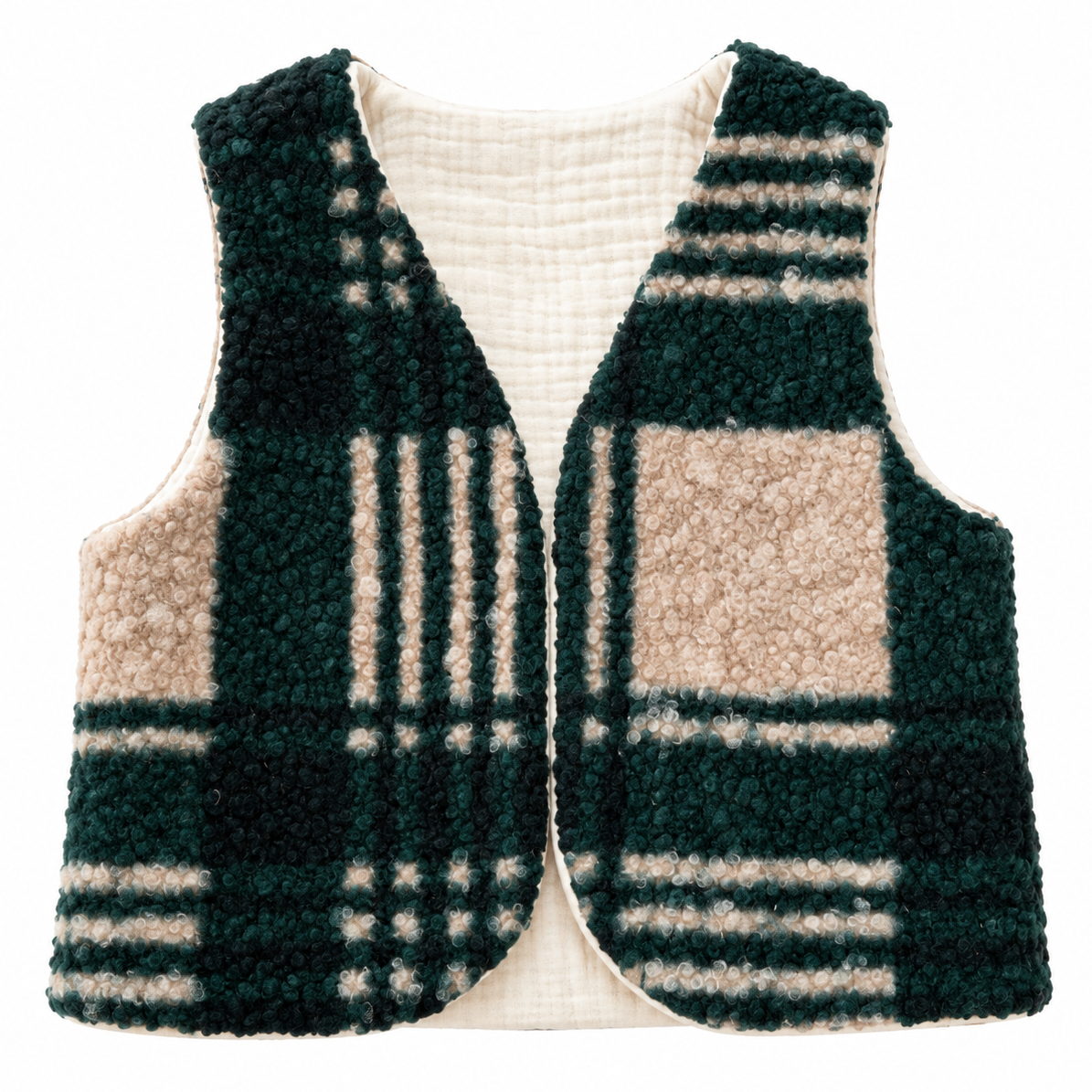 Gilet réversible sherpa carreaux et gaze écru