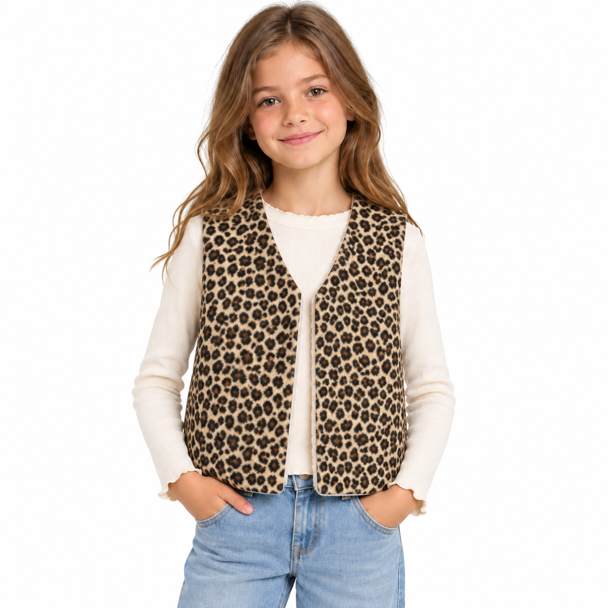 Gilet réversible enfant léopard et sherpa écru (coupe droite)