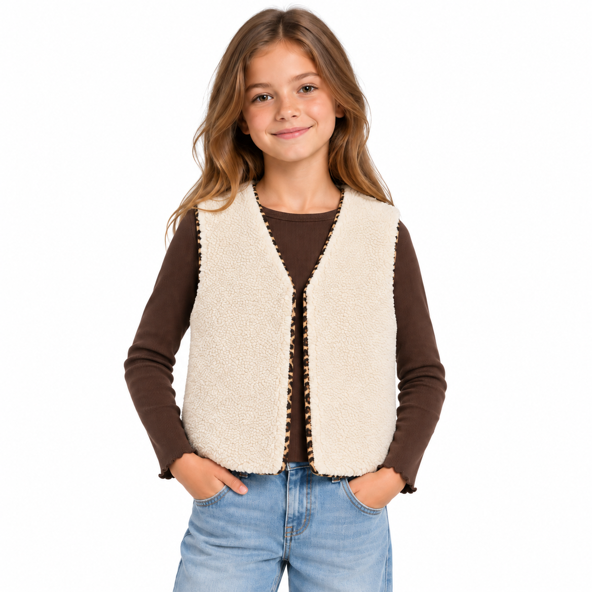 Gilet réversible enfant léopard et sherpa écru (coupe droite)