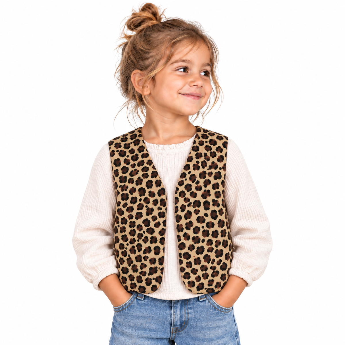 Gilet réversible enfant léopard et sherpa écru (coupe arrondie)