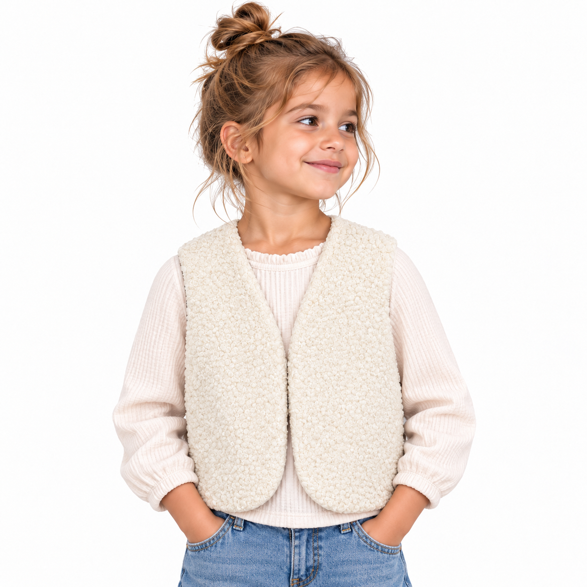 Gilet réversible enfant léopard et sherpa écru (coupe arrondie)