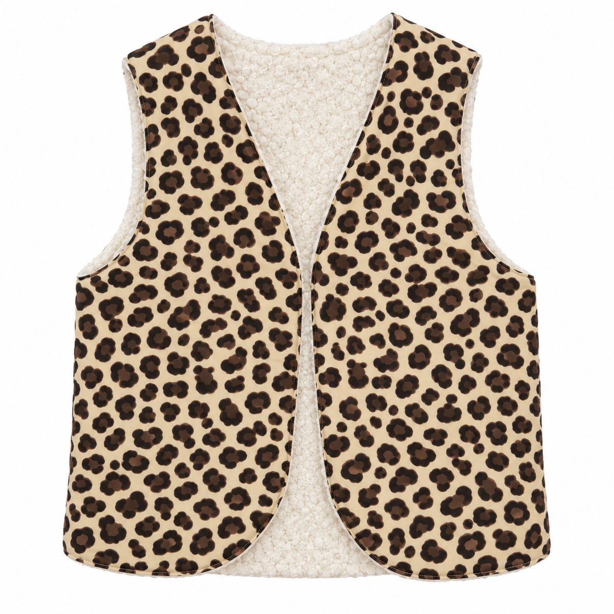 Gilet réversible enfant léopard et sherpa écru (coupe arrondie)