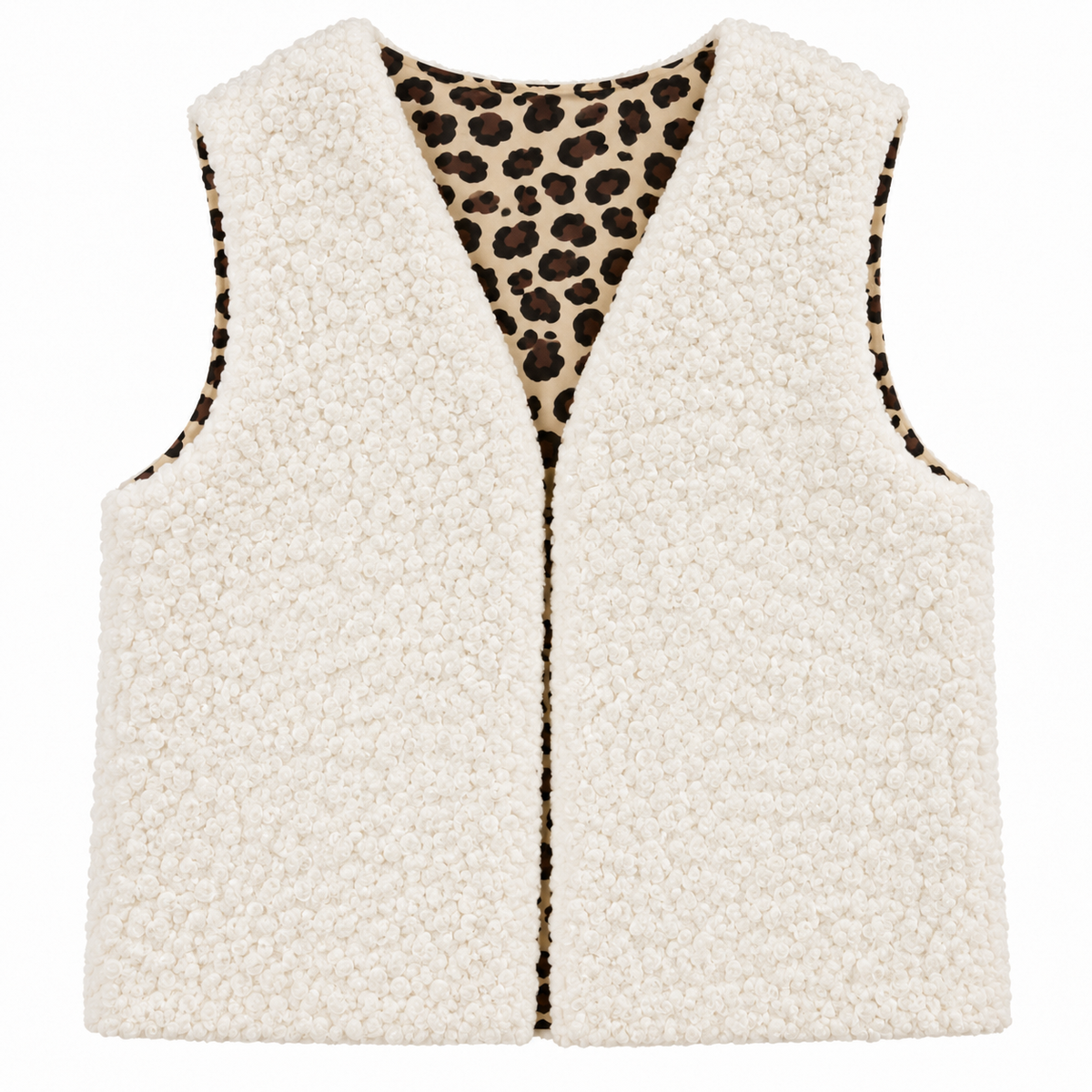 Gilet réversible enfant léopard et sherpa écru (coupe droite)