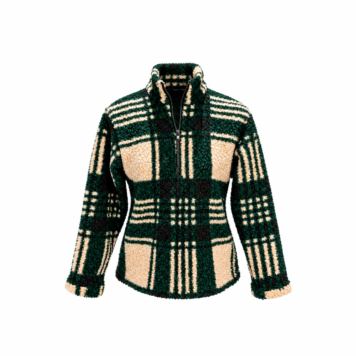 Veste sherpa à carreaux vert, noir et ecru