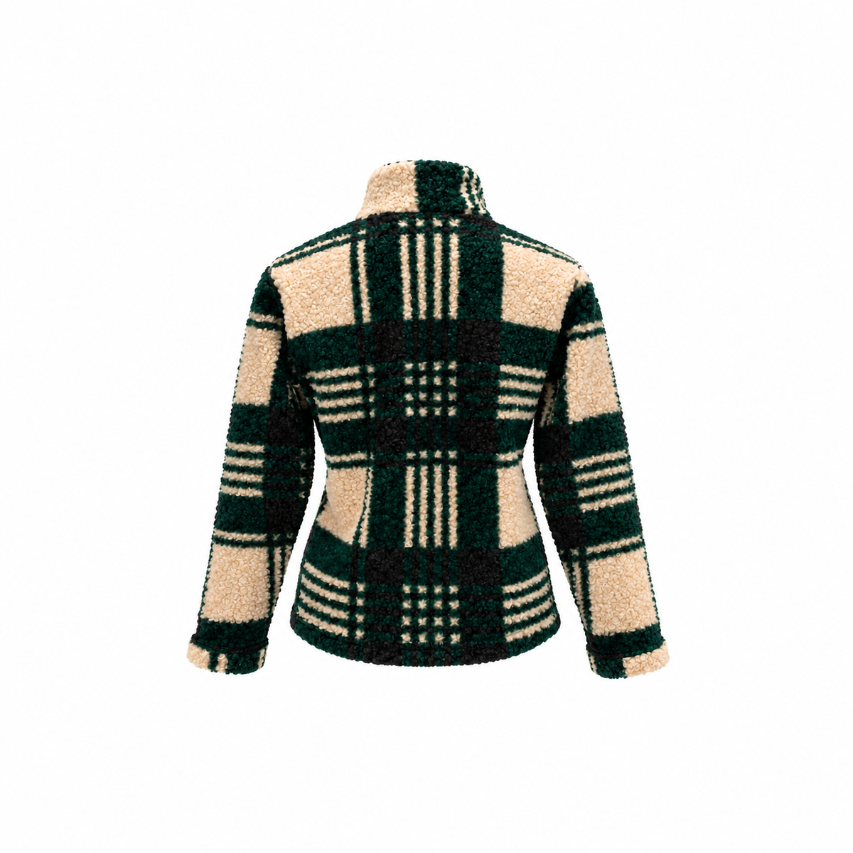 Veste sherpa à carreaux vert, noir et ecru