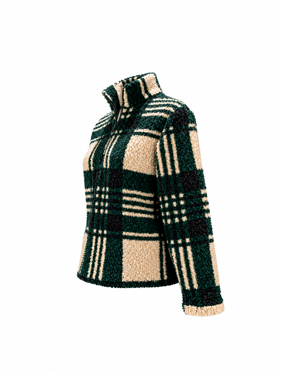Veste sherpa à carreaux vert, noir et ecru