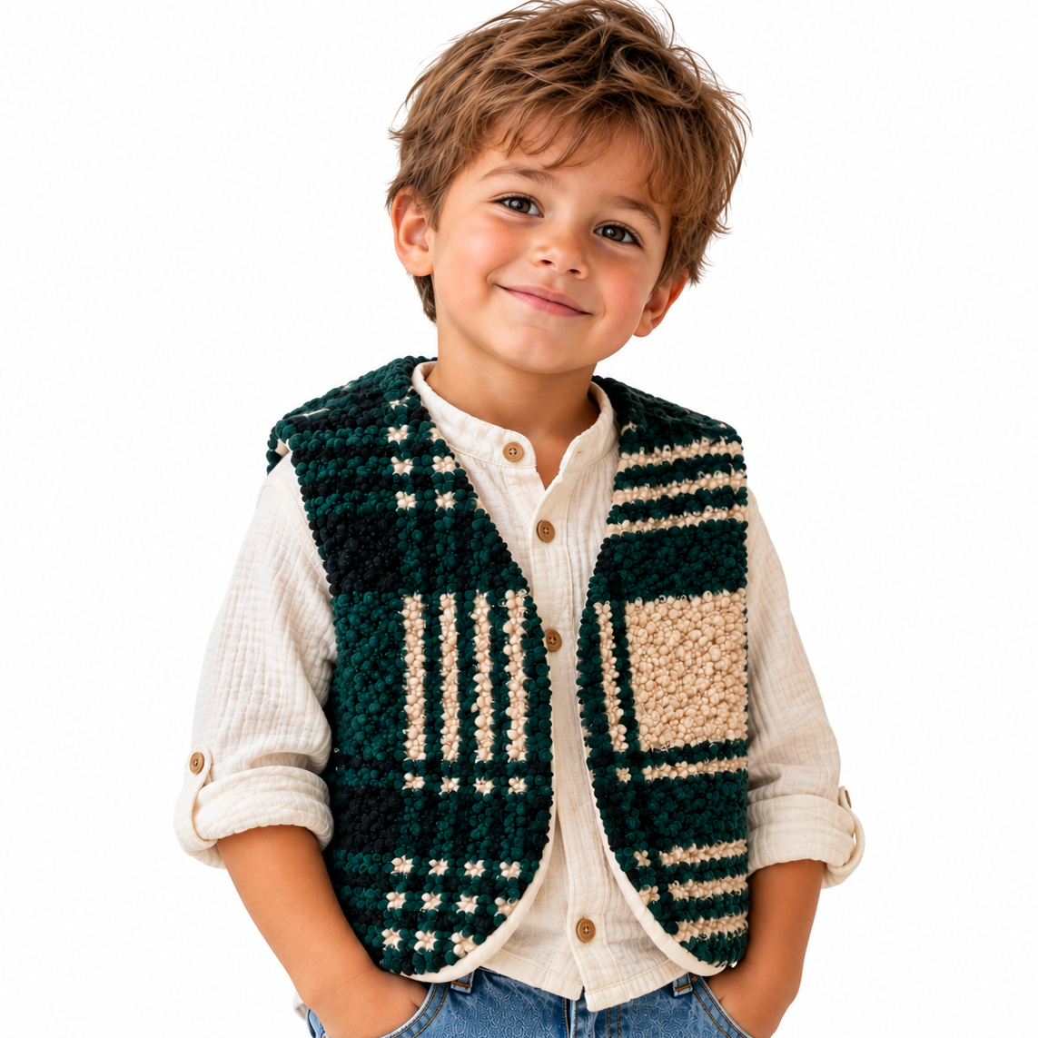 Gilet réversible sherpa carreaux et gaze écru