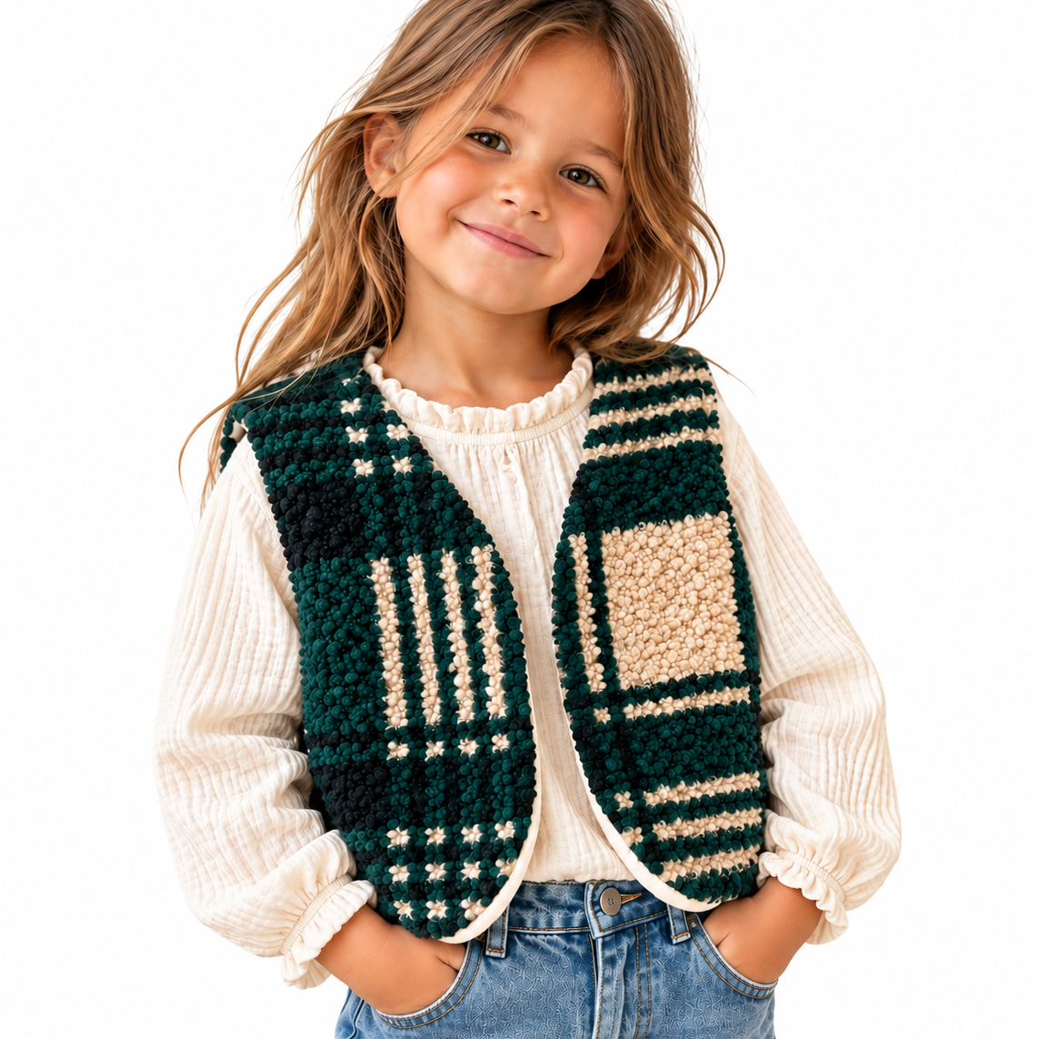 Gilet réversible sherpa carreaux et gaze écru