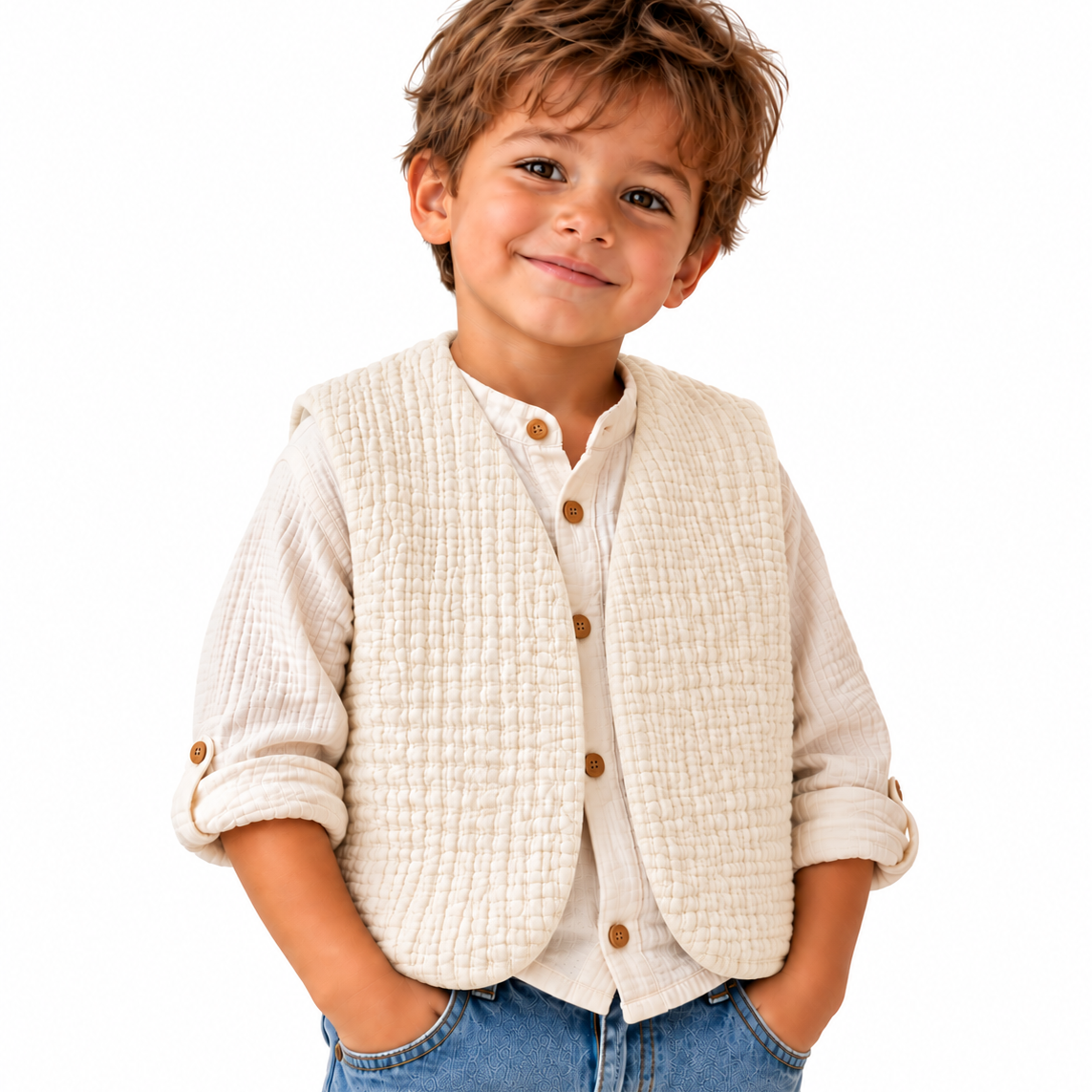 Gilet réversible sherpa carreaux et gaze écru